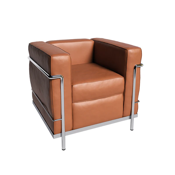 Fotel LC2 ze skóry w kolorze ambra z chromowaną ramą