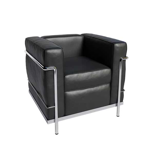 Fotel LC2 ze skóry w kolorze grafitowej czerni z chromowaną ramą